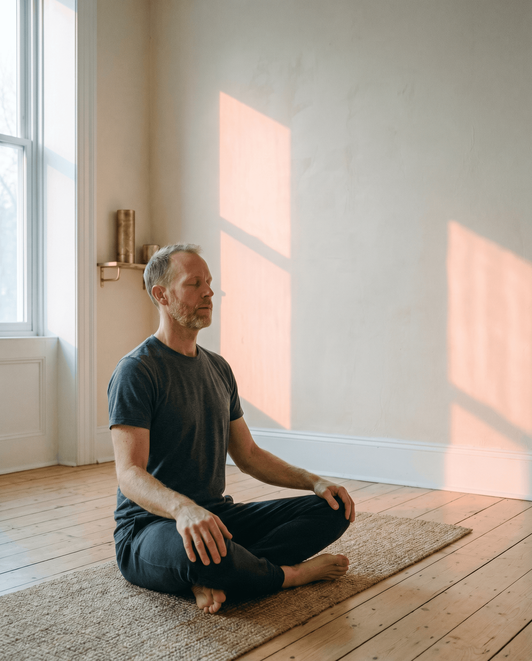 A practitioner alone, nasal breathing in a soft warm room — the foundation work begins