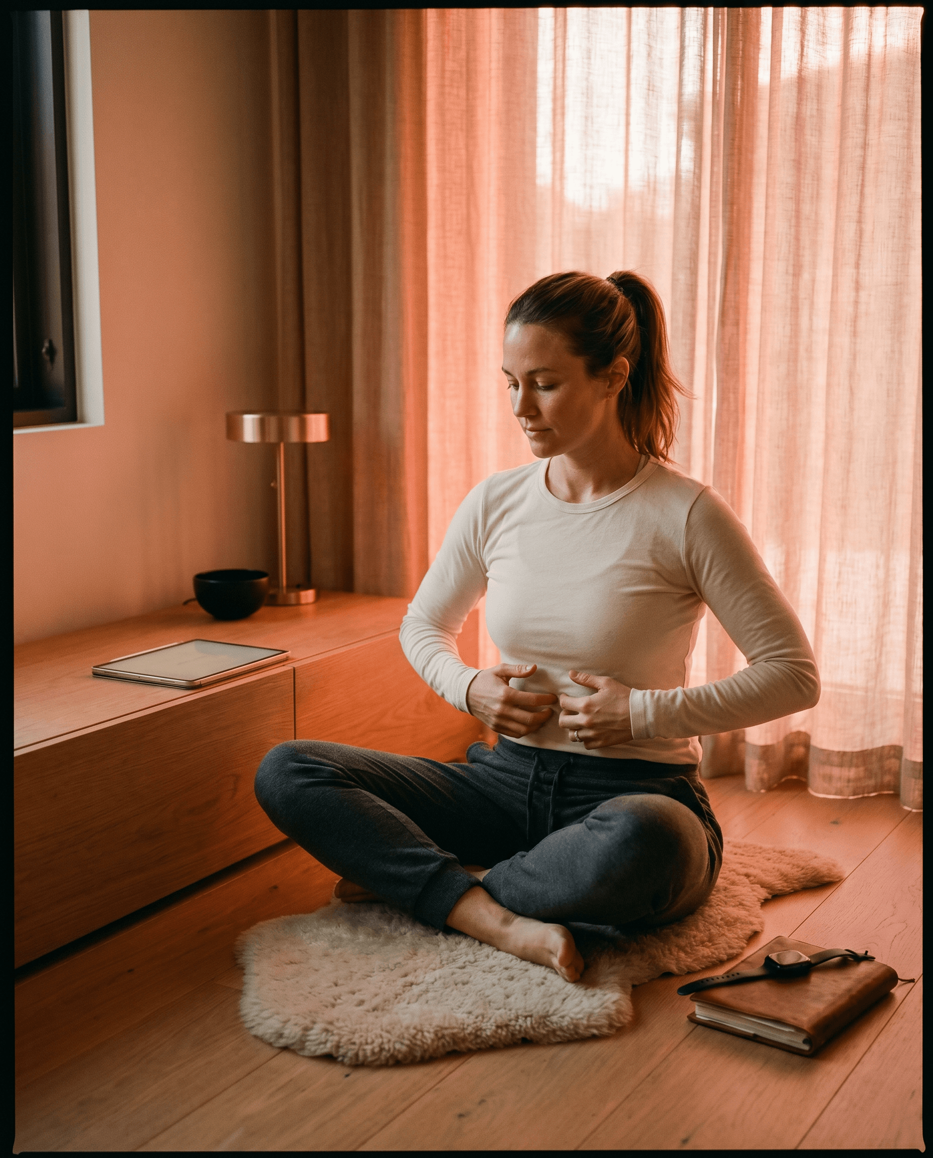An operator at home with a tablet, working through a guided breath protocol at their own pace