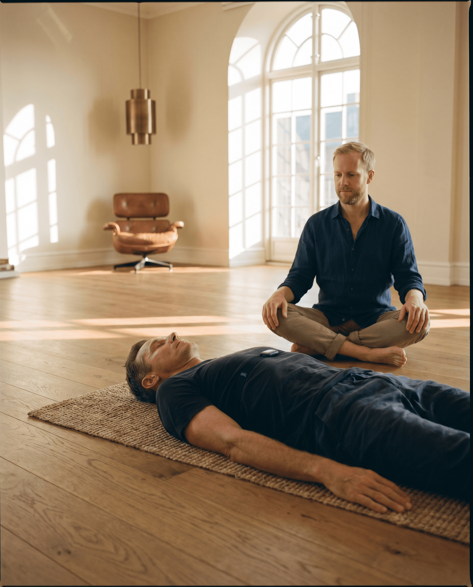 An intimate private session — golden hour light, a single client mid-protocol, Shea guiding