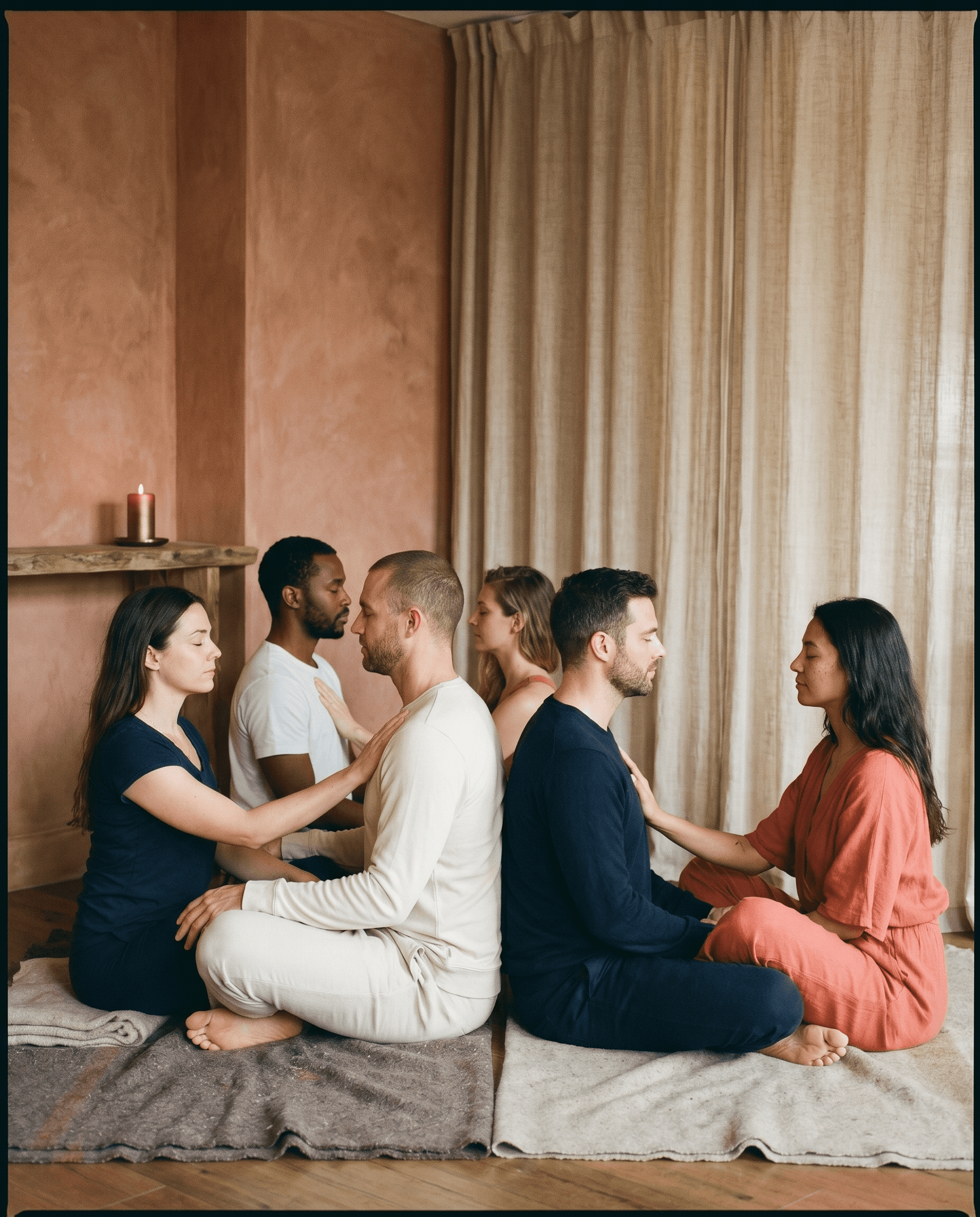 Couples in pairs working through partnership-framed breath practice