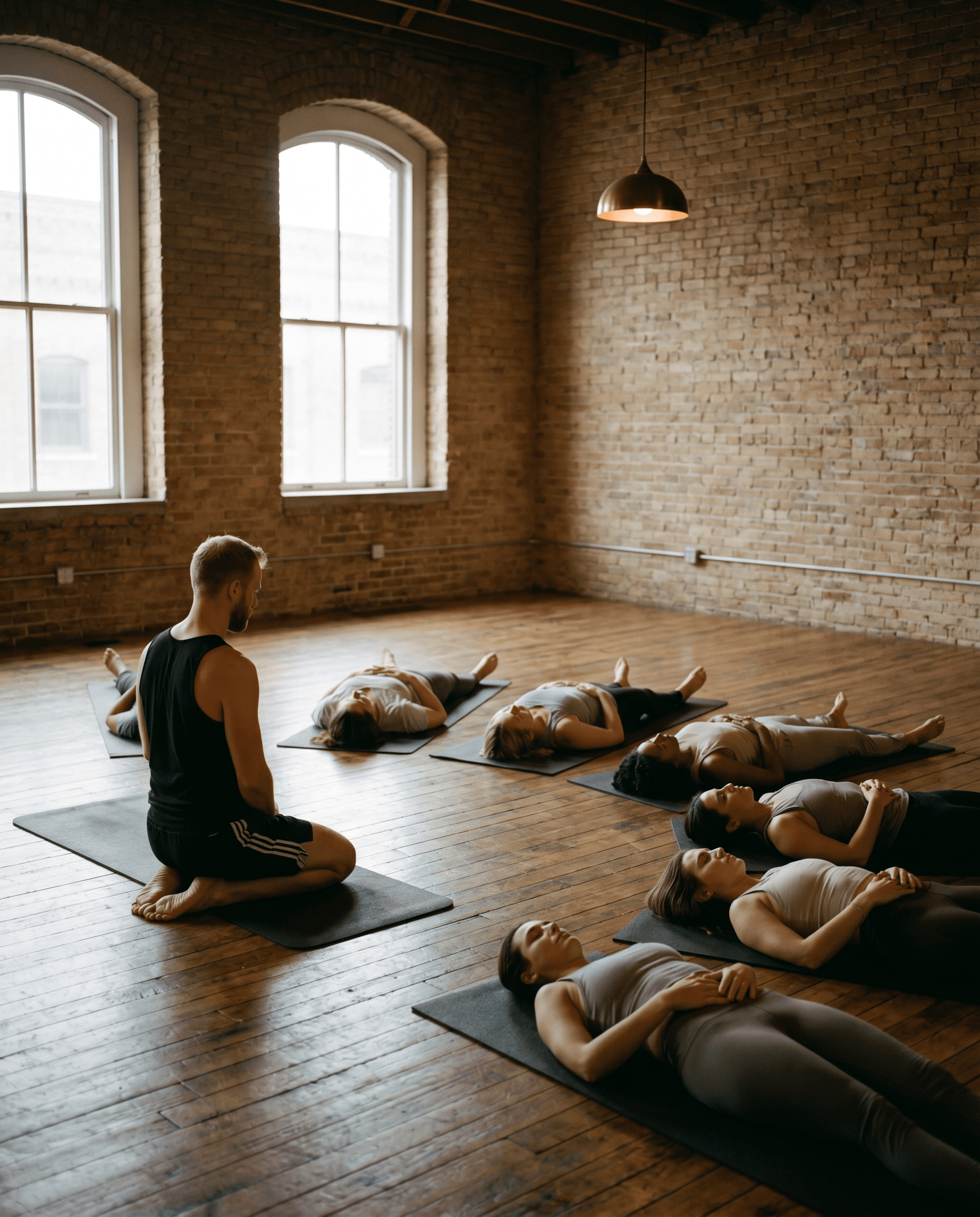 A small cohort lying in a half-circle during a group breathwork session