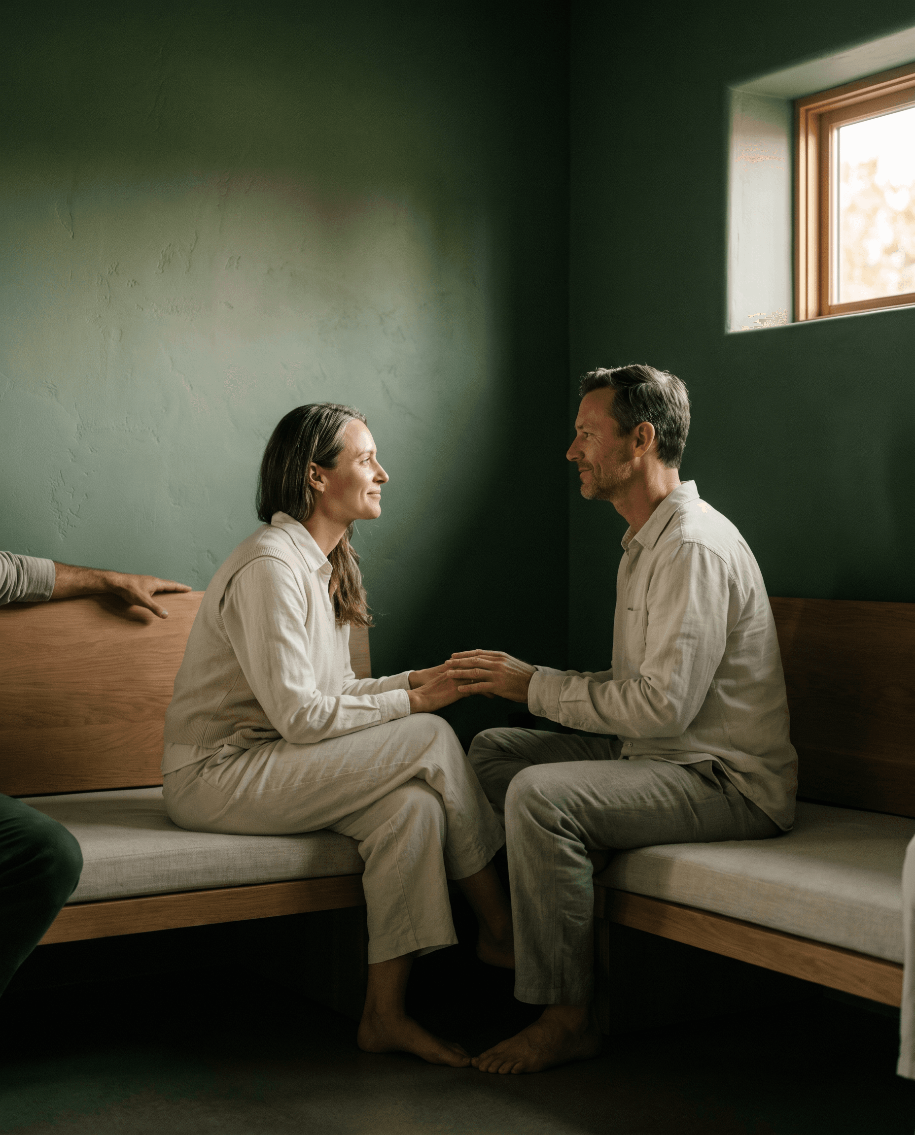 A couple working with Shea, hands touching, eye contact, post-session