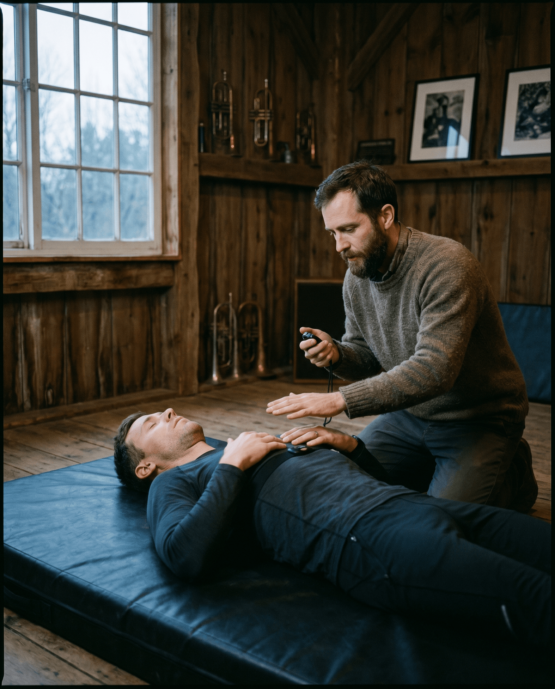 A 1:1 coaching moment — Shea coaching a single high-performer through a breath hold
